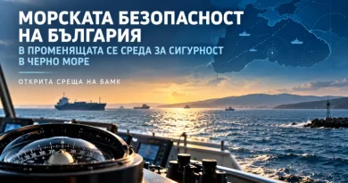 Компас и кораби в Черно море с графична карта и надпис за откритата среща на БАМК, посветена на морската безопасност.